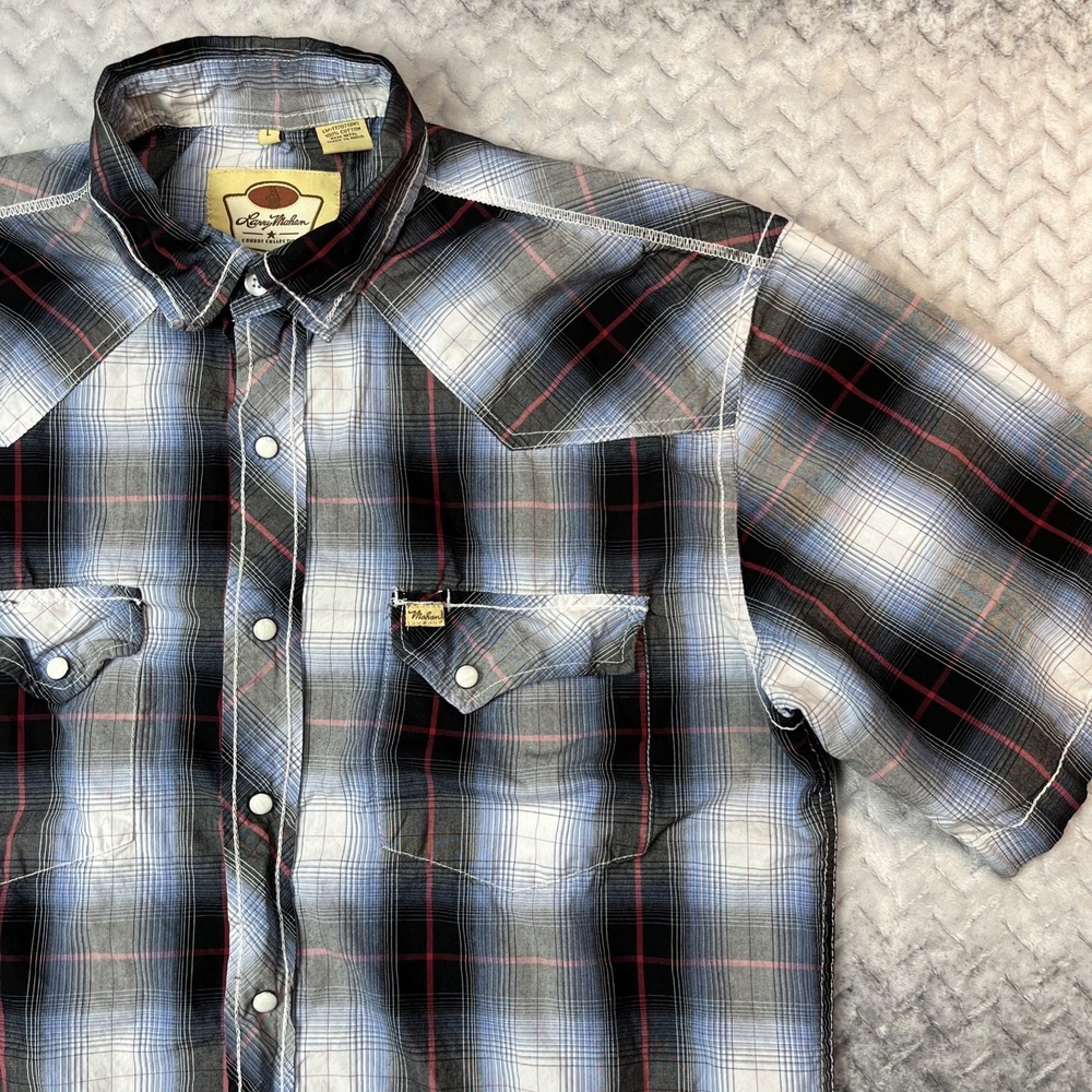 Larry Mahan Shirt Mens L Blue Plaid Pearl Snap Western Cowboy Collection